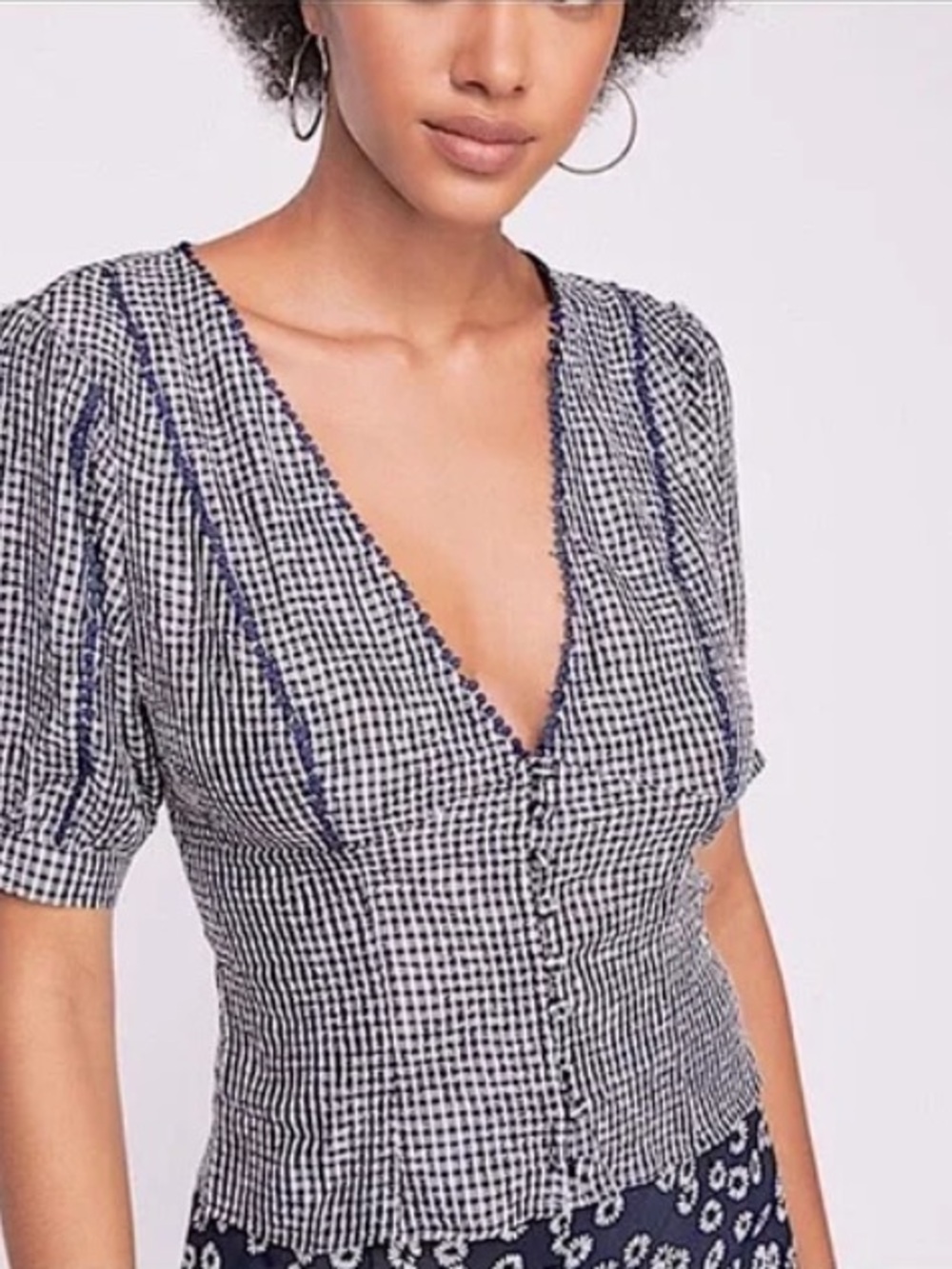Free People Navy and White Checked Button-Front V-Neck Top